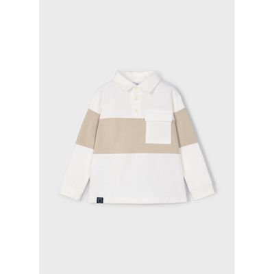 CREAM & TAUPE POLO TOP LONG SLEEVE WITH POCKET / 4121-020
