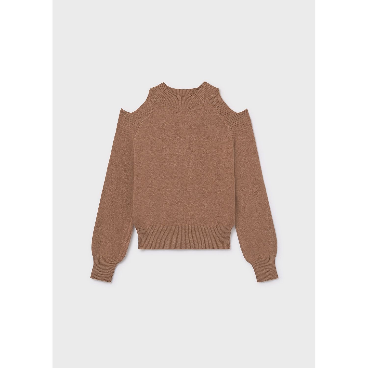 BROWN KNIT SWEATER MOCK NECK CUTOUT SHOULDER TRIM / 7312-074 BROWN KNIT SWEATER MOCK NECK CUTOUT SHOULDER TRIM / 7312-074