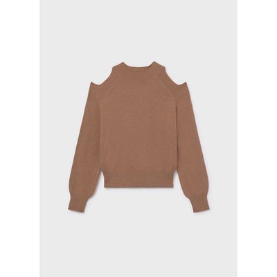 BROWN KNIT SWEATER MOCK NECK CUTOUT SHOULDER TRIM / 7312-074