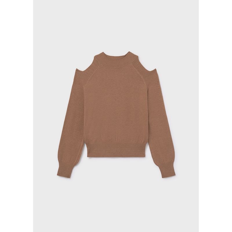 BROWN KNIT SWEATER MOCK NECK CUTOUT SHOULDER TRIM / 7312-074