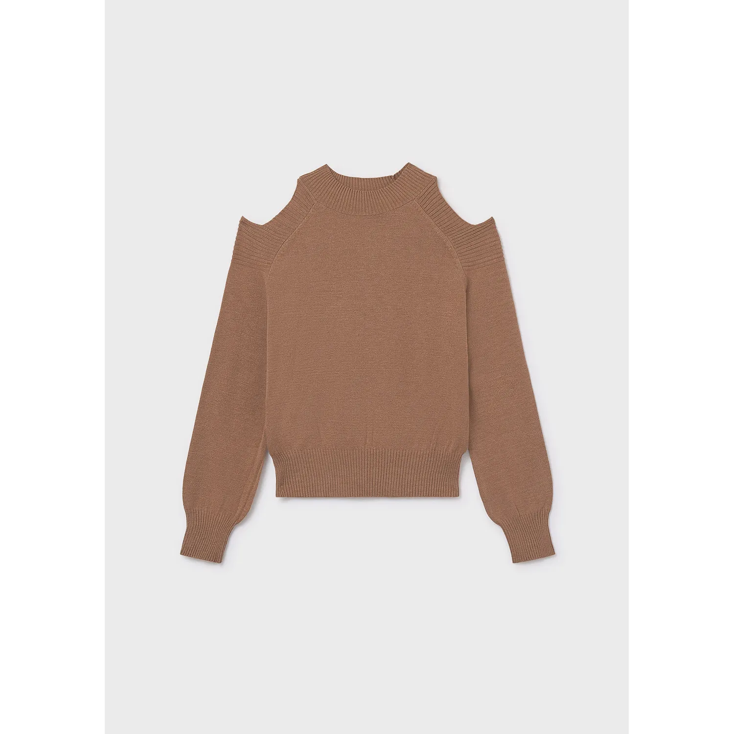 BROWN KNIT SWEATER MOCK NECK CUTOUT SHOULDER TRIM / 7312-074
