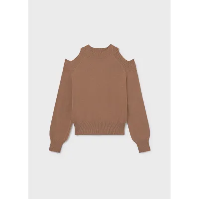 BROWN KNIT SWEATER MOCK NECK CUTOUT SHOULDER TRIM / 7312-074