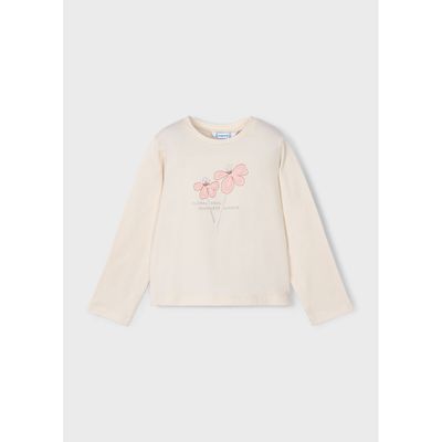 BEIGE TSHIRT PINK FLOWER EMBRODIERY LONG SLEEVE / 178-010