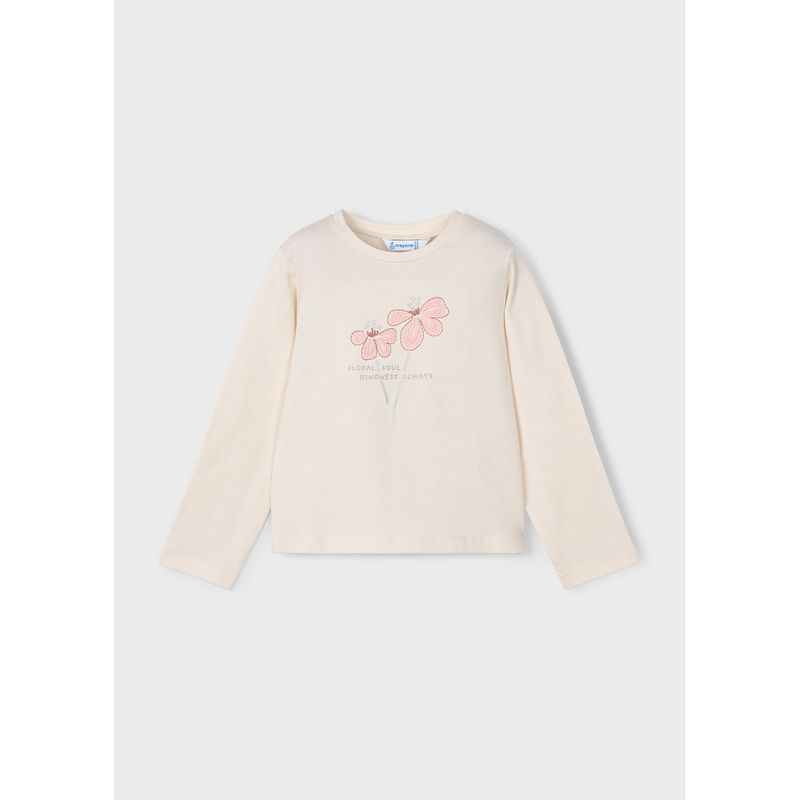 BEIGE TSHIRT PINK FLOWER EMBRODIERY LONG SLEEVE / 178-010