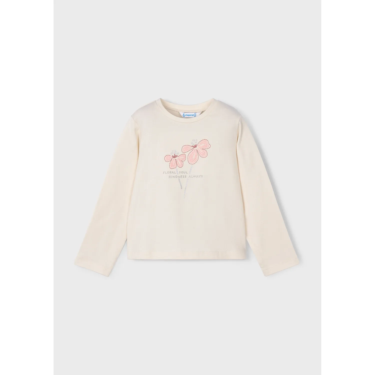 BEIGE TSHIRT PINK FLOWER EMBRODIERY LONG SLEEVE / 178-010