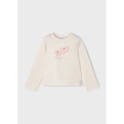 BEIGE TSHIRT PINK FLOWER EMBRODIERY LONG SLEEVE / 178-010