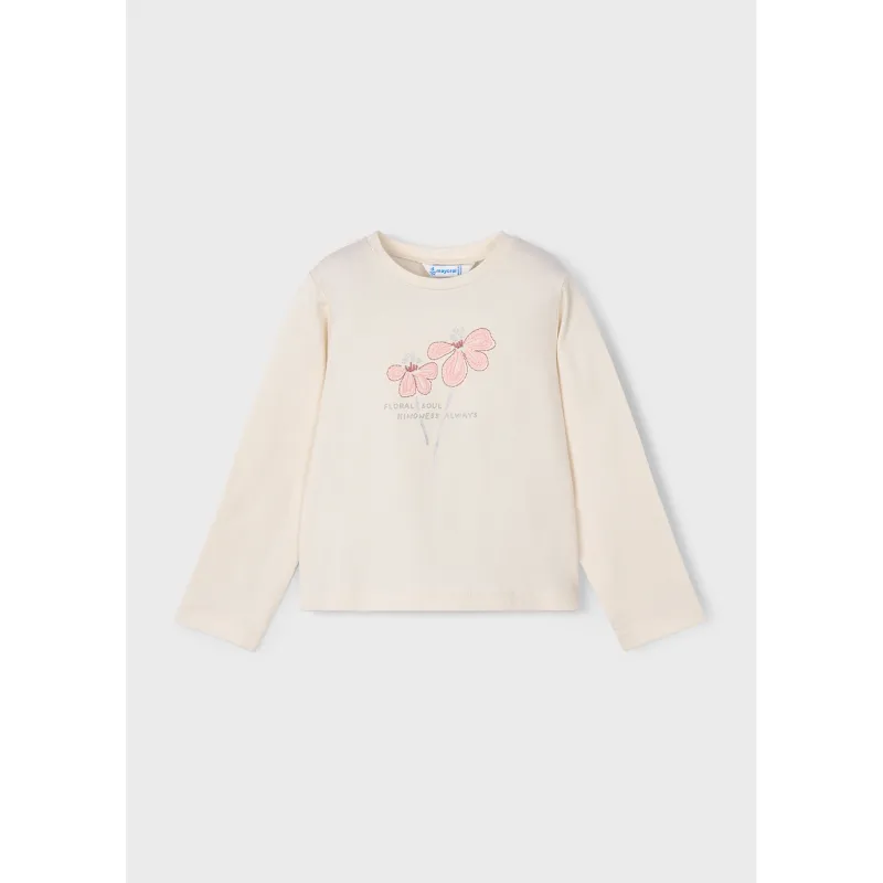 BEIGE TSHIRT PINK FLOWER EMBRODIERY LONG SLEEVE / 178-010
