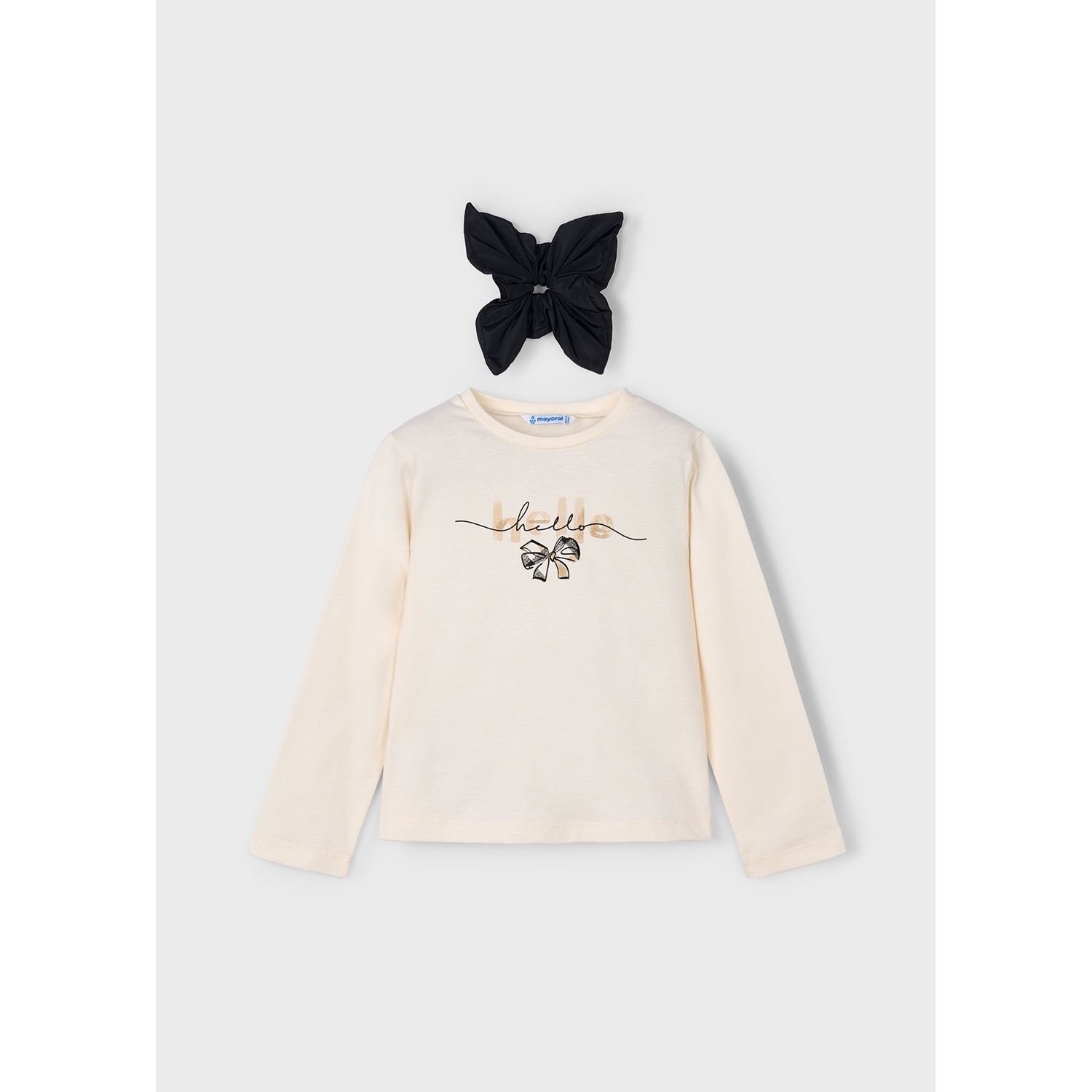 2PC BEIGE TSHIRT BLACK SCRUNCHIE BOW PRINT / 4008-059