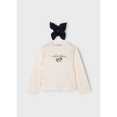 2PC BEIGE TSHIRT BLACK SCRUNCHIE BOW PRINT / 4008-059