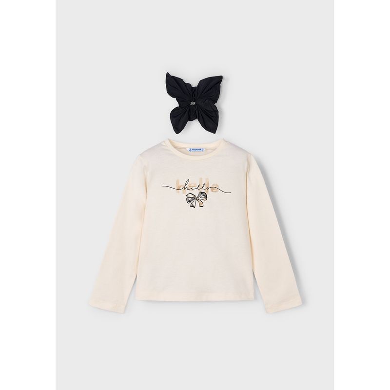 2PC BEIGE TSHIRT BLACK SCRUNCHIE BOW PRINT / 4008-059