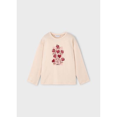 TAUPE TSHIRT RED HEARTS PRINT LONG SLEEVE / 4005-054