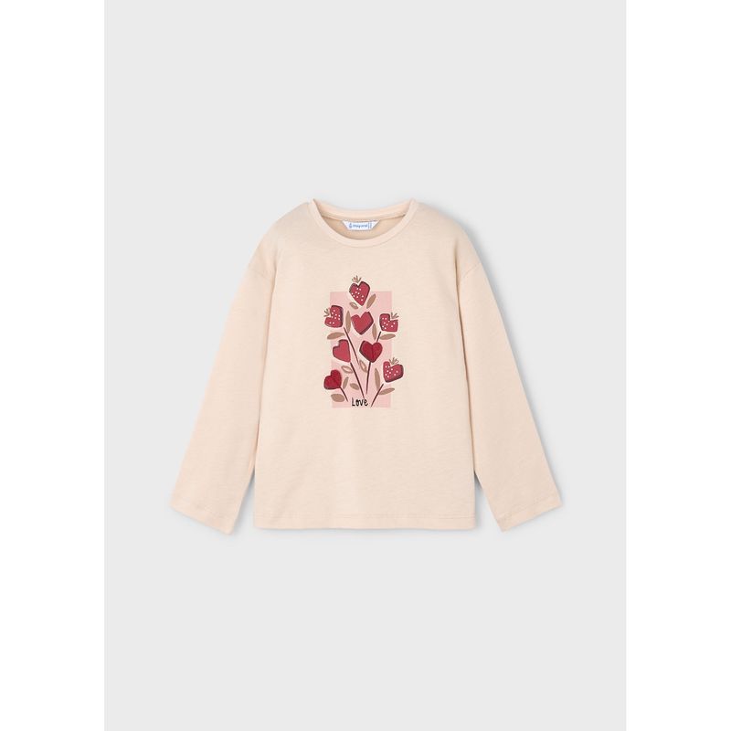 TAUPE TSHIRT RED HEARTS PRINT LONG SLEEVE / 4005-054