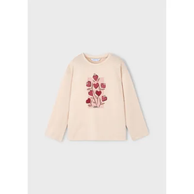 TAUPE TSHIRT RED HEARTS PRINT LONG SLEEVE / 4005-054