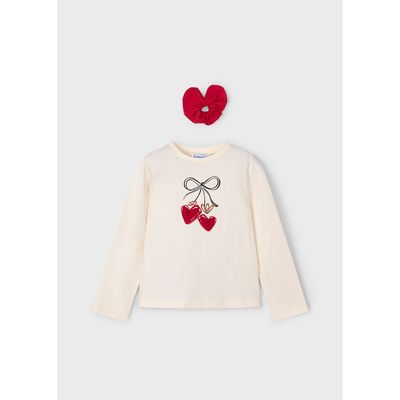 2PC BEIGE TSHIRT RED SCRUNCHIE RED HEART PRINT / 4008-060