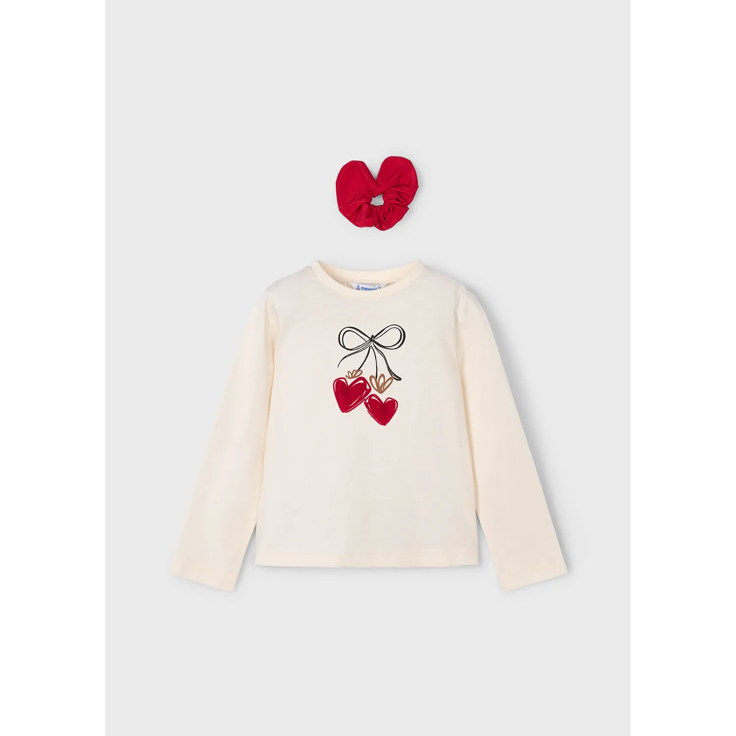 2PC BEIGE TSHIRT RED SCRUNCHIE RED HEART PRINT / 4008-060