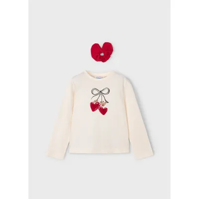 2PC BEIGE TSHIRT RED SCRUNCHIE RED HEART PRINT / 4008-060