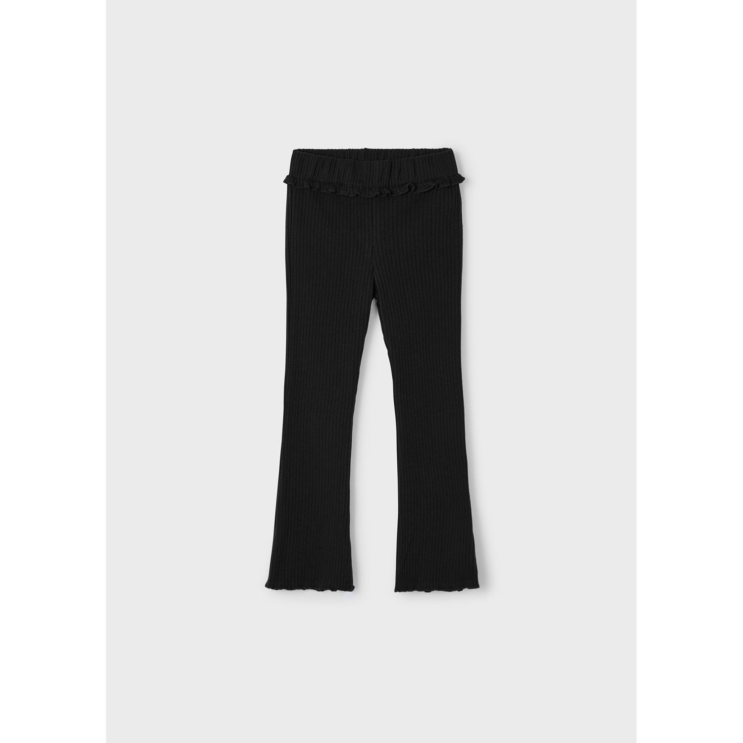 BLACK RIBBED KNIT LEGGINGS FRILL TRIM FLARED / 4717-017