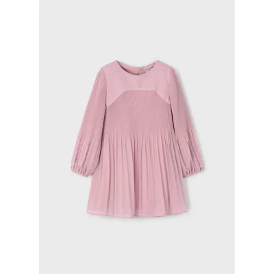 PALE ROSE PLEATED DRESS CHIFFON LONG SLEEVE / 4922-038