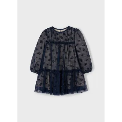 NAVY TULLE PRINTED DRESS FLOWERS / 4919-050