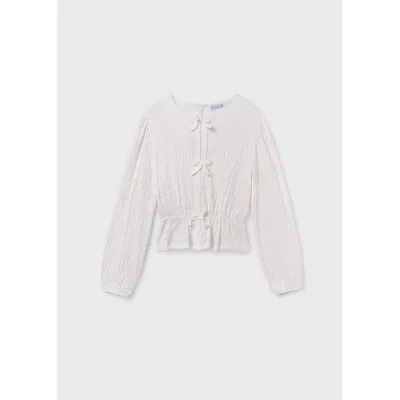CREAM KNIT TOP BOW TRIM ELASTIC WAIST / 7032-036