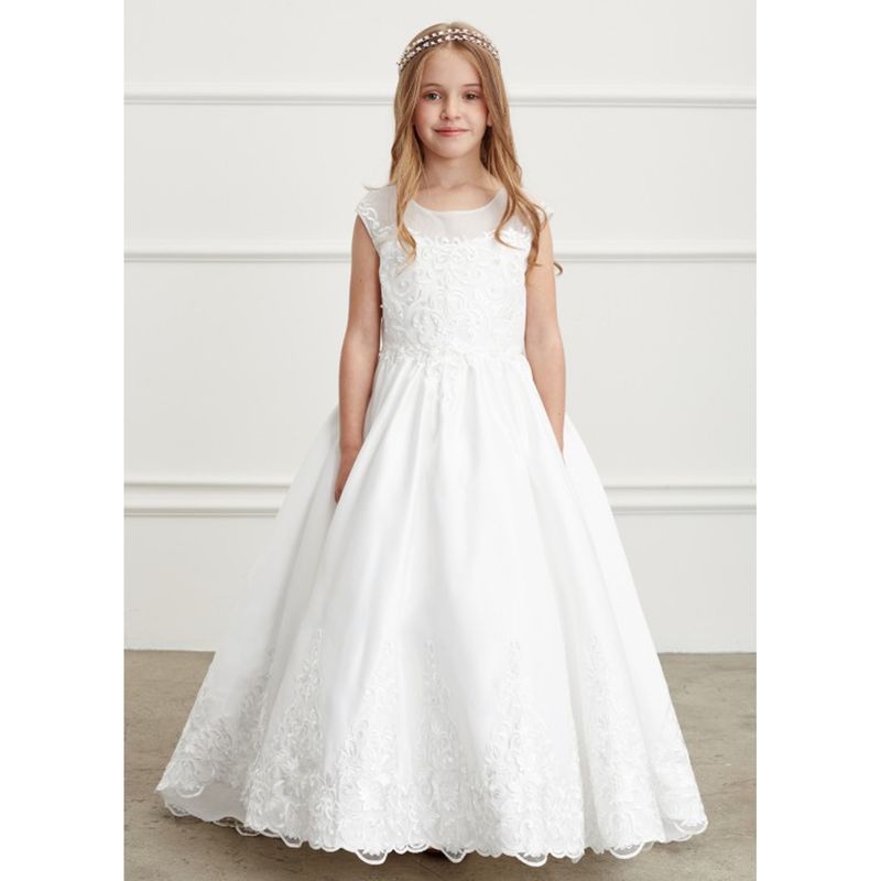 IVORY SATIN TRAIN DRESS WITH LACE TRIM / 5828 IVORY SATIN TRAIN DRESS WITH LACE TRIM / 5828