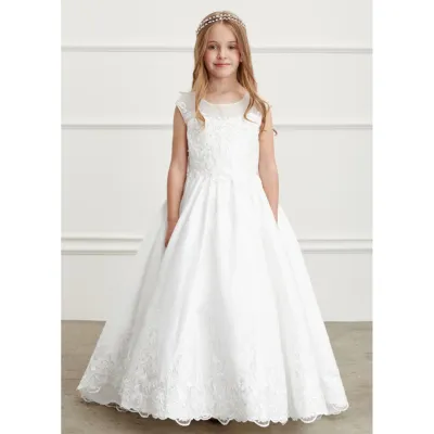 IVORY SATIN TRAIN DRESS WITH LACE TRIM / 5828