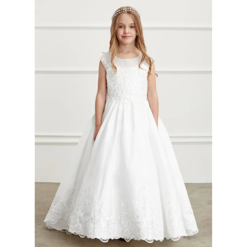 IVORY SATIN TRAIN DRESS WITH LACE TRIM / 5828