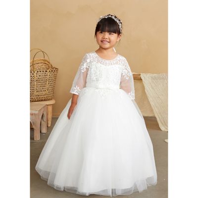 IVORY DRESS ILLUSION NECKLINE LACE APPLIQUE BODICE TULLE SKIRT / 5830