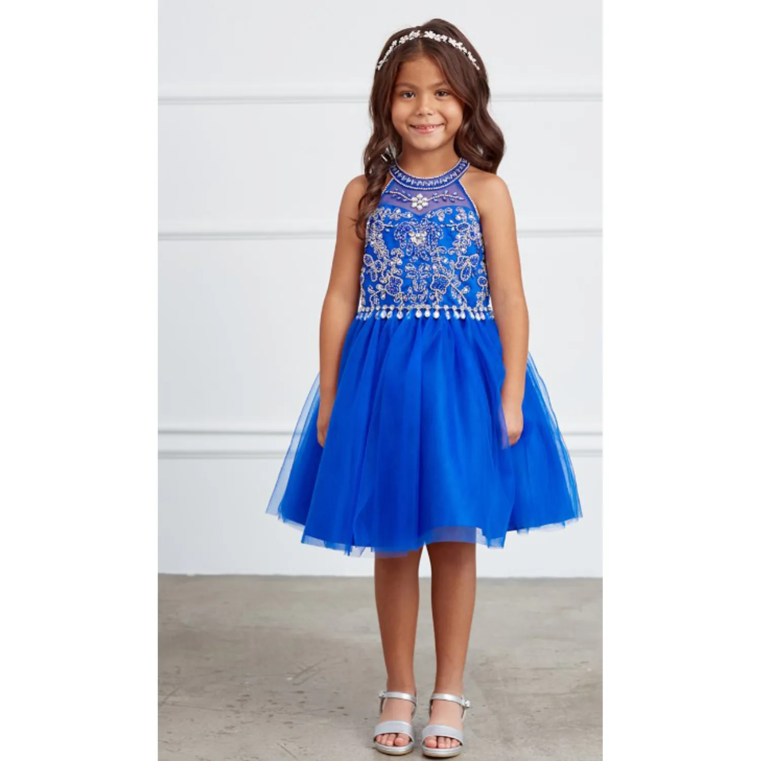 ROYAL BLUE DRESS BEADED BODICE SHORT CHOKER STYLE PAGEANT / 7037