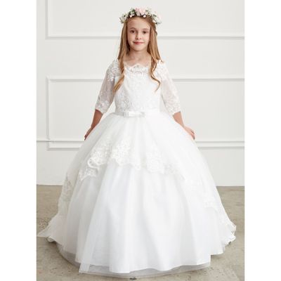 IVORY DRESS OFF SHOULDER LACE BODICE & SLEEVE & TAIL LACE TRIM / 5773