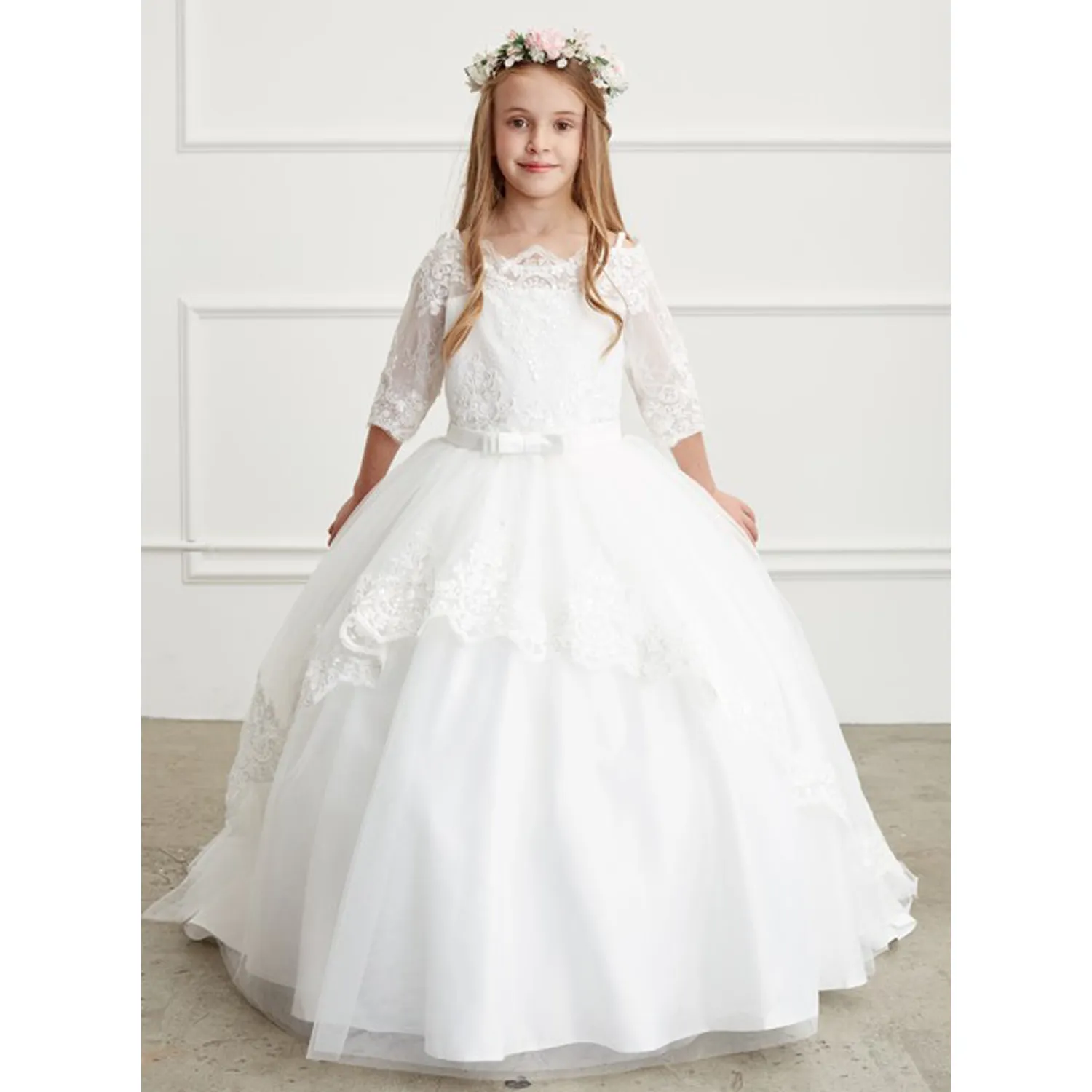 IVORY DRESS OFF SHOULDER LACE BODICE & SLEEVE & TAIL LACE TRIM / 5773