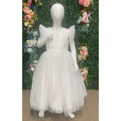 IVORY DRESS ILLUSION NECKLINE LACE BODICE TULLE SHOULDER TRIM POLKA DOT GLITTER SKIRT / 5843