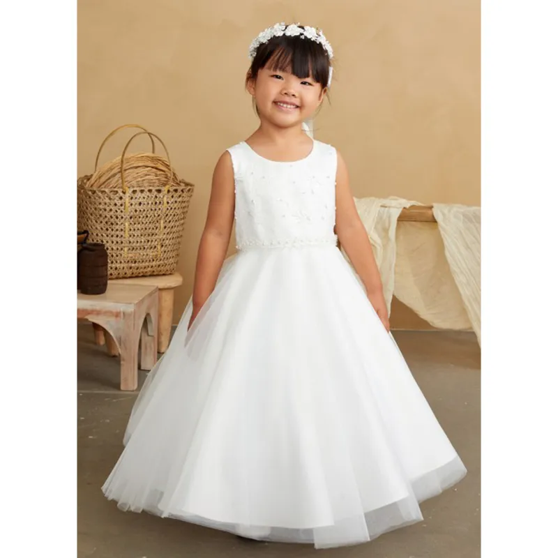 IVORY DRESS SLEEVELESS LACE BODICE TULLE SKIRT PEARL BELT TRIM / 5846