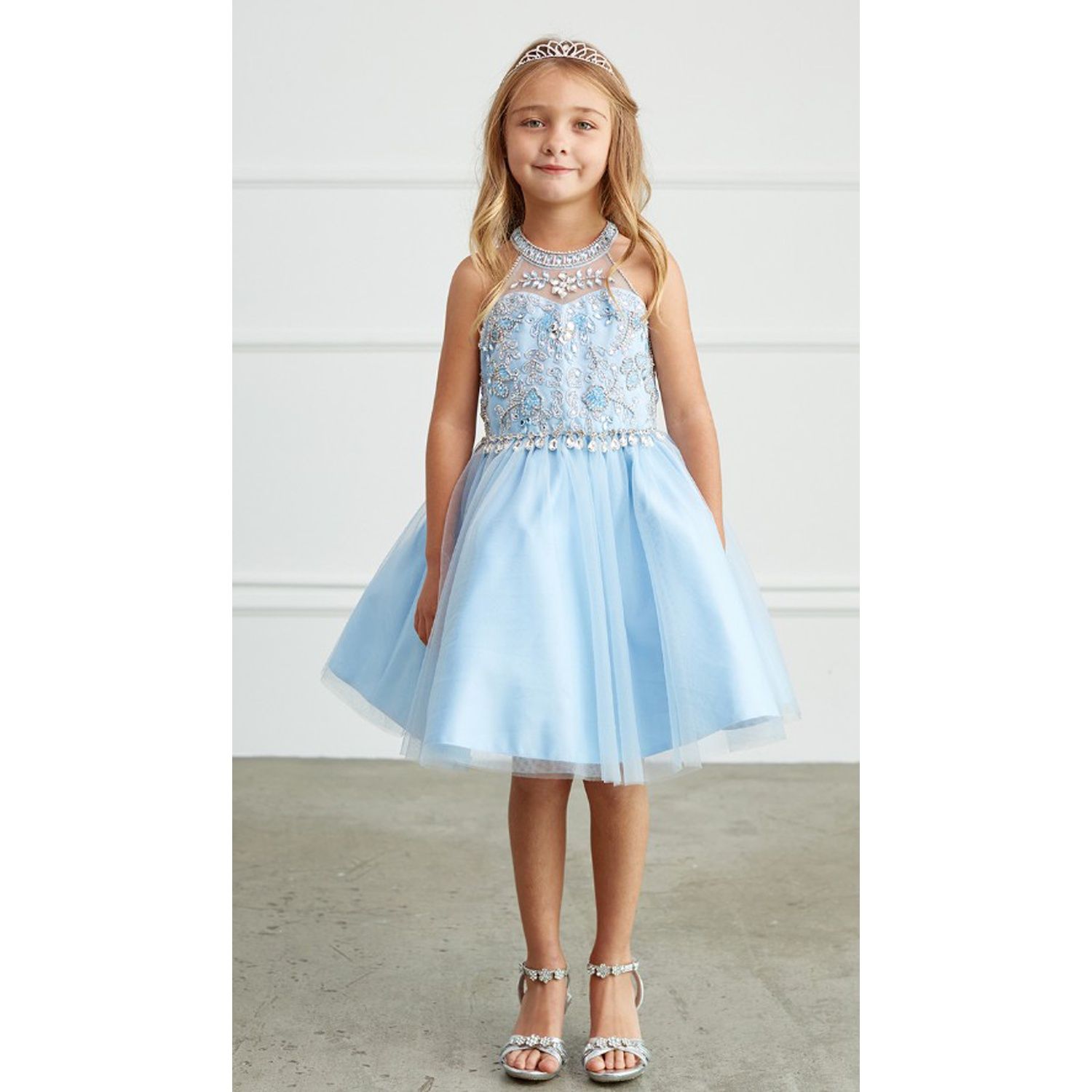 DUSTY BLUE DRESS SHORT CHOKER STYLE BEADED BODICE PAGENT STYLE / 7037