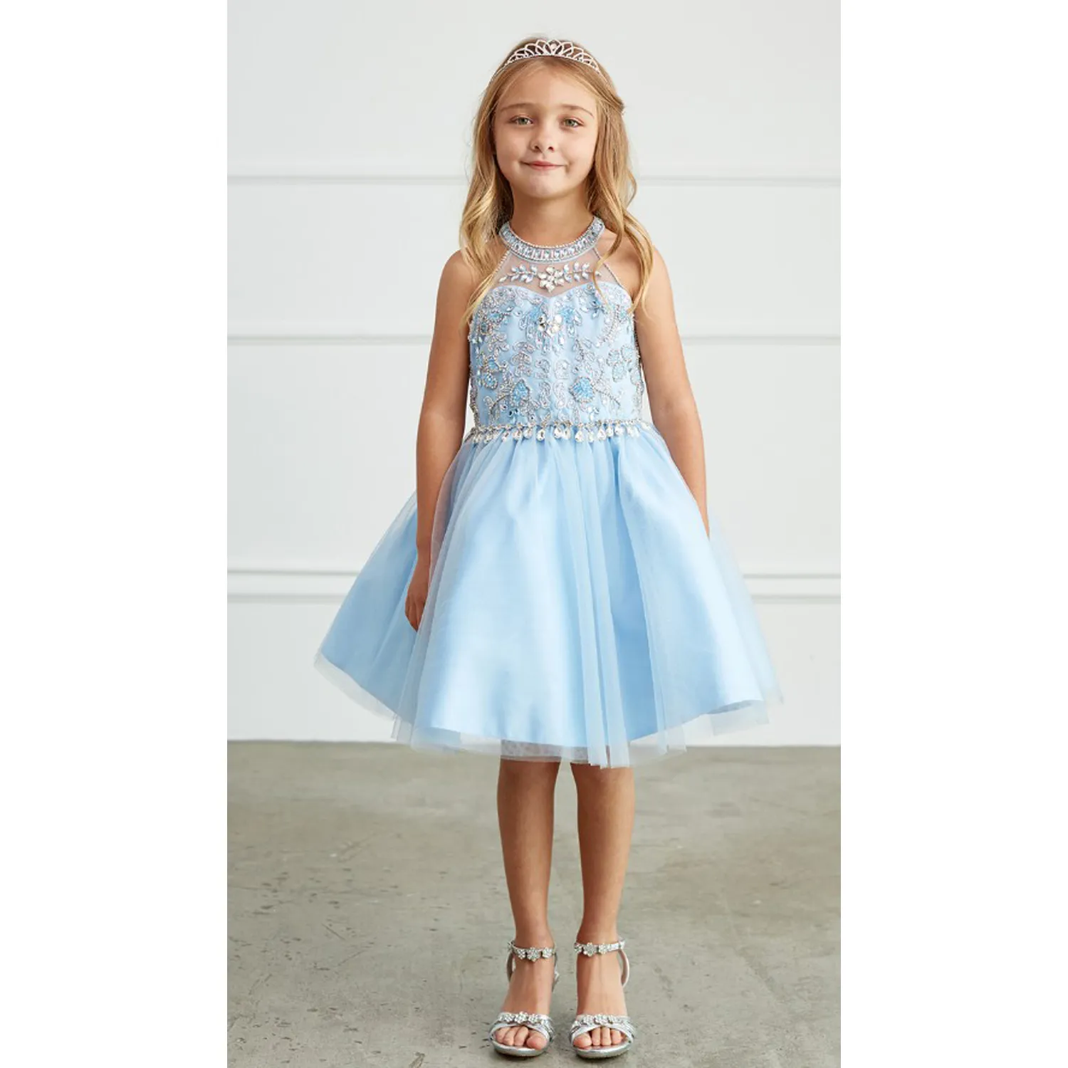 DUSTY BLUE DRESS SHORT CHOKER STYLE BEADED BODICE PAGENT STYLE / 7037