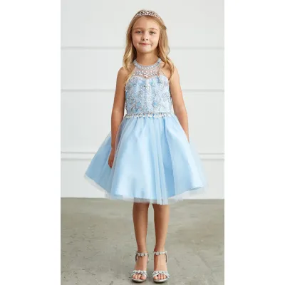 DUSTY BLUE DRESS SHORT CHOKER STYLE BEADED BODICE PAGENT STYLE / 7037