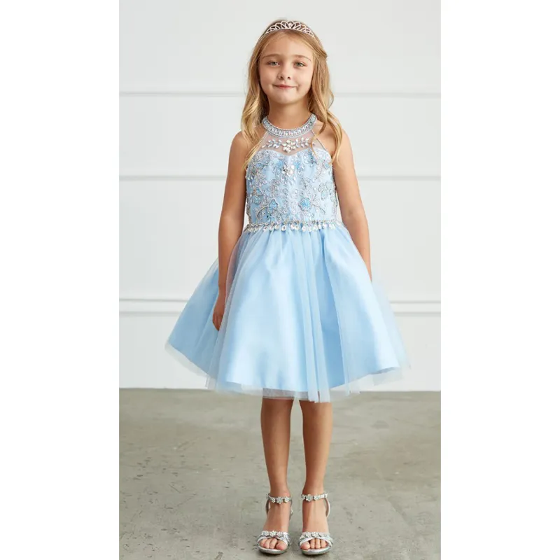 DUSTY BLUE DRESS SHORT CHOKER STYLE BEADED BODICE PAGENT STYLE / 7037