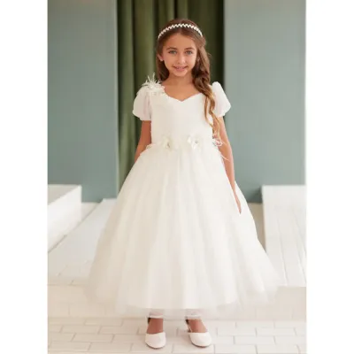 IVORY DRESS PUFF SLEEVE 3D FLOWER AND FEATHERS PLEATED BODICE / 5865