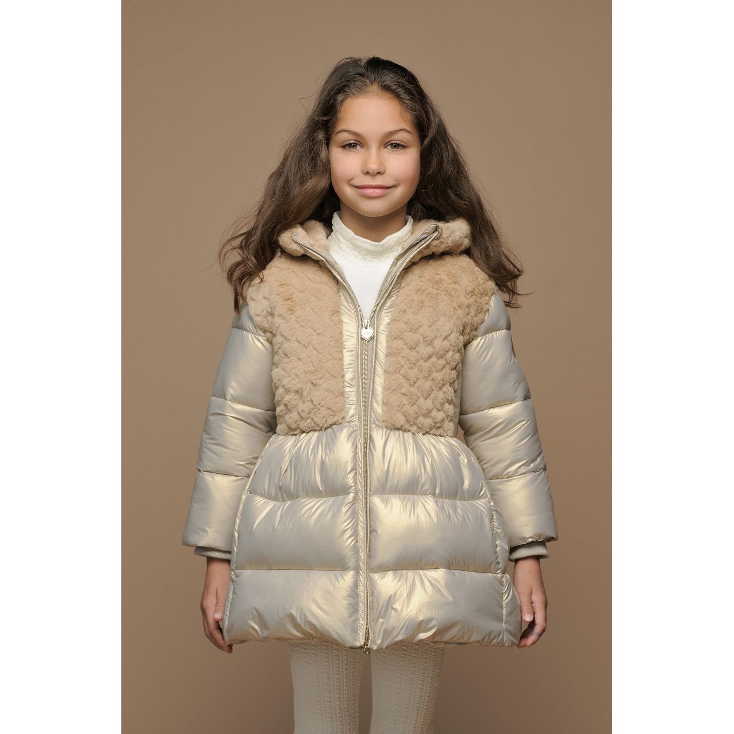 GOLD LONG COAT FURRY TOP HOODED / C507-5230-427