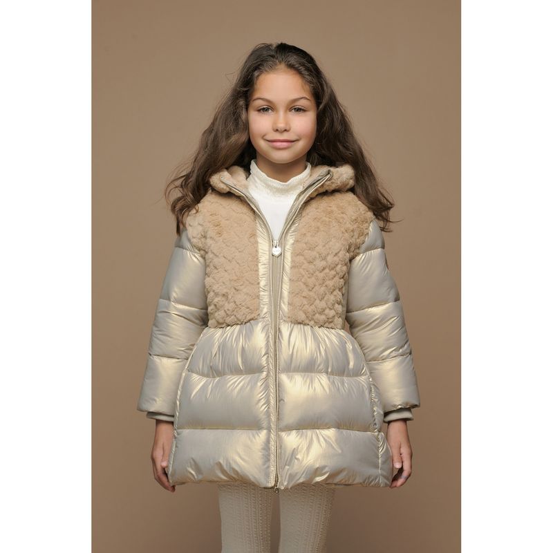 GOLD LONG COAT FURRY TOP HOODED / C507-5230-427