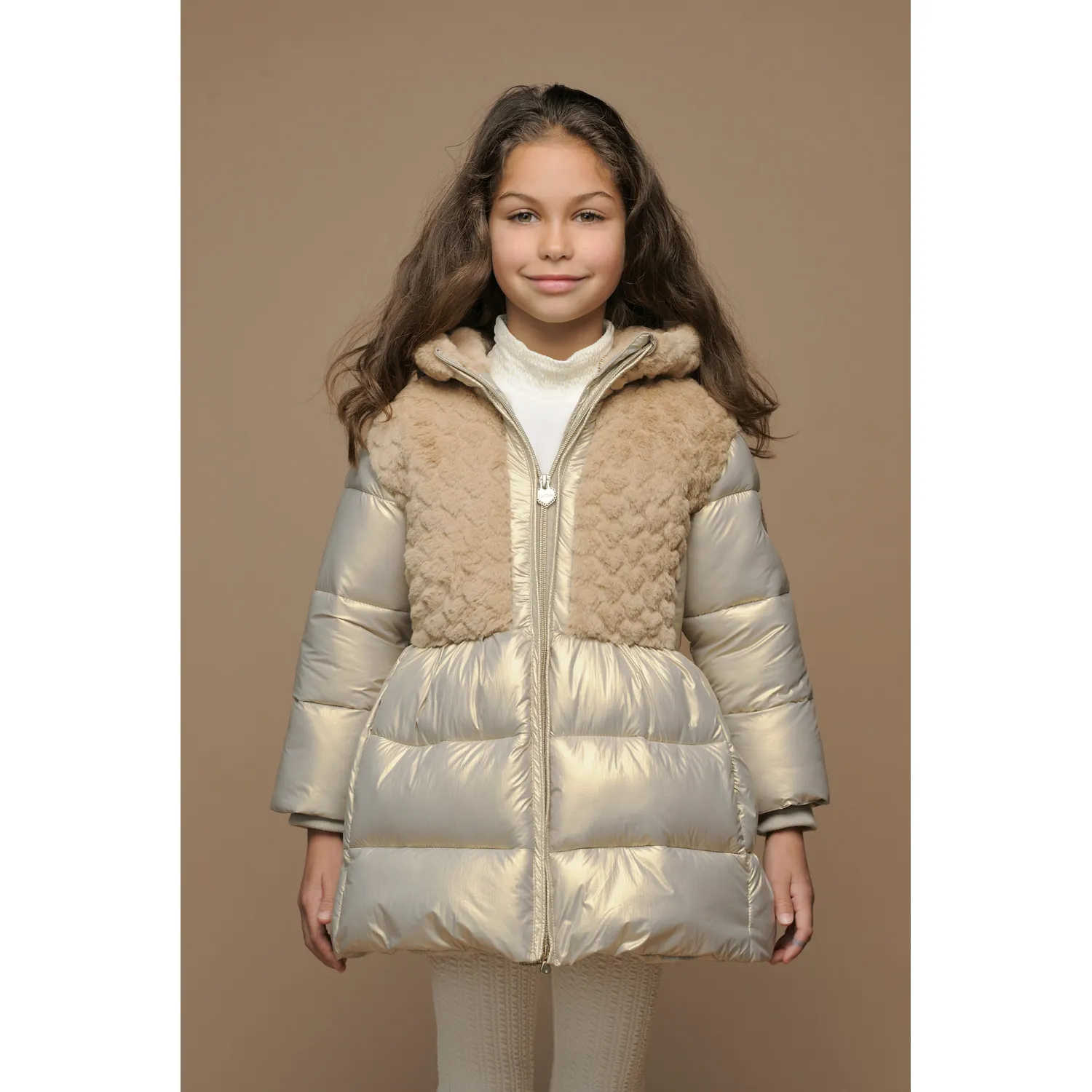 GOLD LONG COAT FURRY TOP HOODED / C507-5230-427