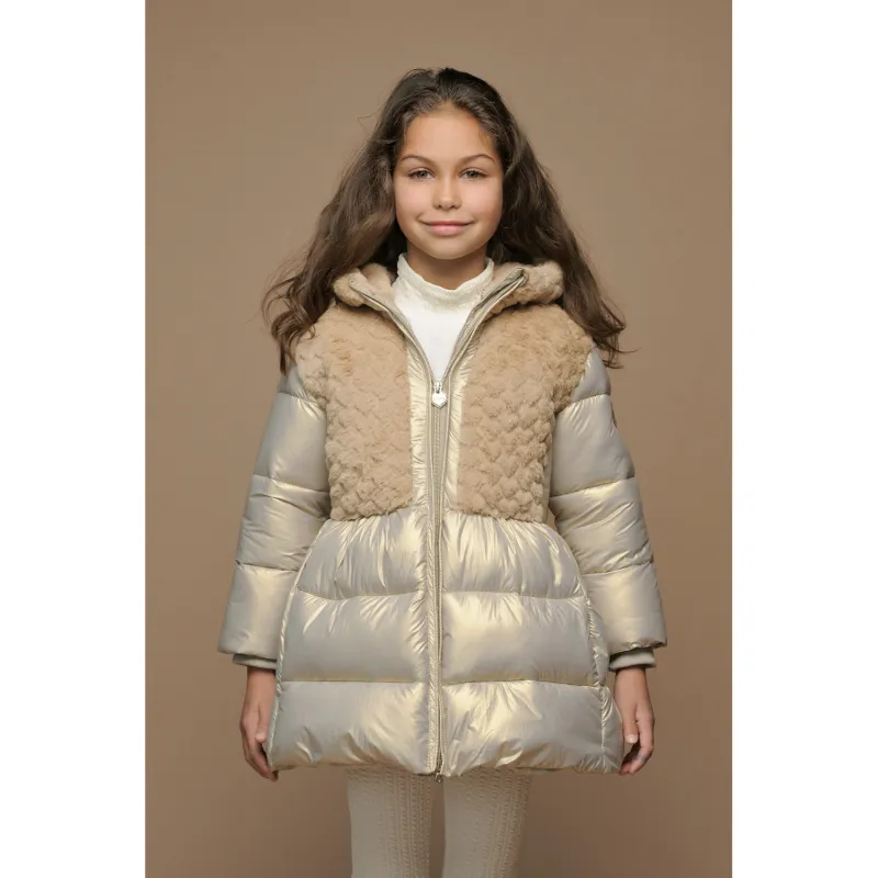 GOLD LONG COAT FURRY TOP HOODED / C507-5230-427