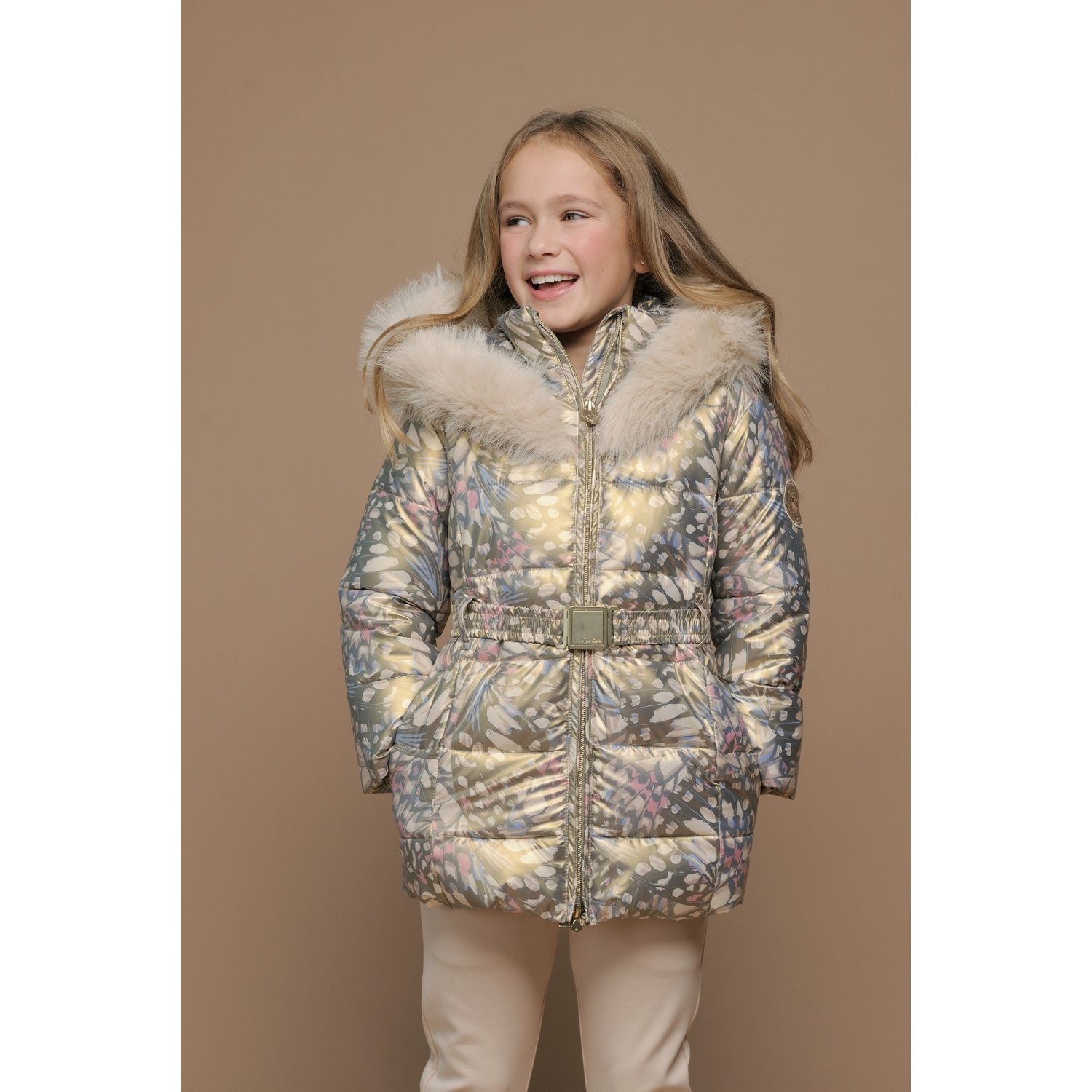 GOLD MCL PRINTED COAT HOODED FUR TRIM & BELT / C507-5245-915