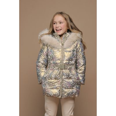 GOLD MCL PRINTED COAT HOODED FUR TRIM & BELT / C507-5245-915