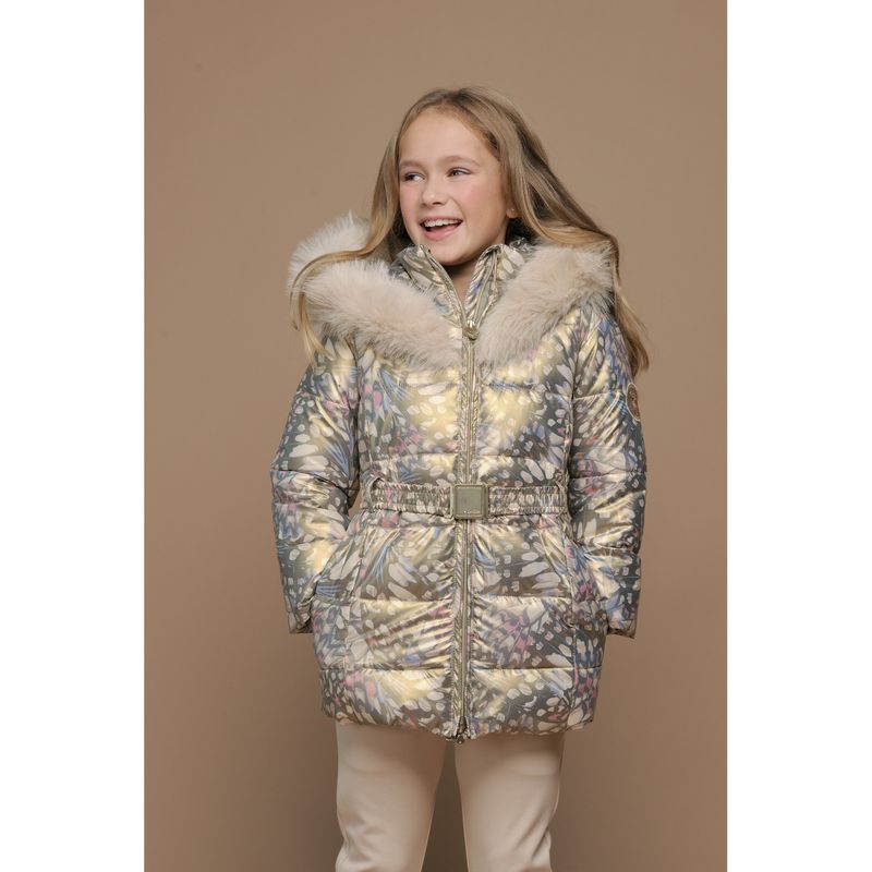 GOLD MCL PRINTED COAT HOODED FUR TRIM & BELT / C507-5245-915