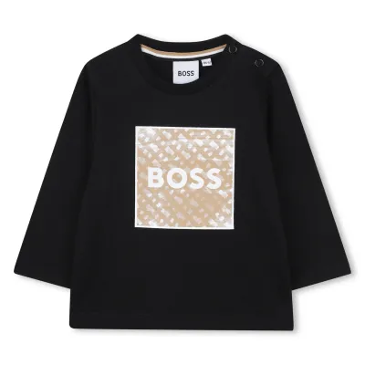 BLACK TSHIRT BROWN PRINTED PATCH TRIM / J52715-09B