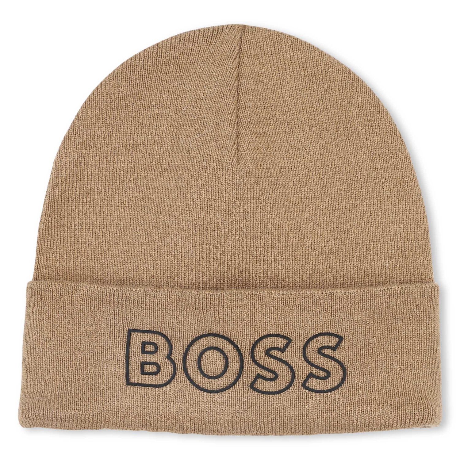 BROWN KNIT TOQUE HAT BOSS LOGO BLK / J52617-269