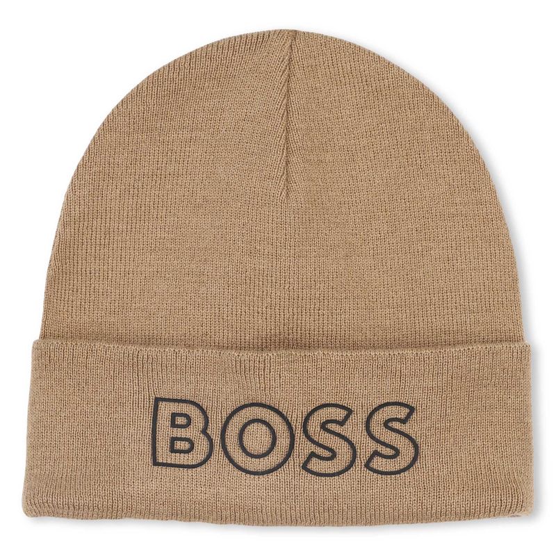 BROWN KNIT TOQUE HAT BOSS LOGO BLK / J52617-269