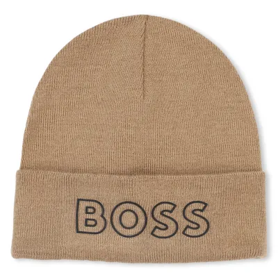 BROWN KNIT TOQUE HAT BOSS LOGO BLK / J52617-269 BROWN KNIT TOQUE HAT BOSS LOGO BLK / J52617-269