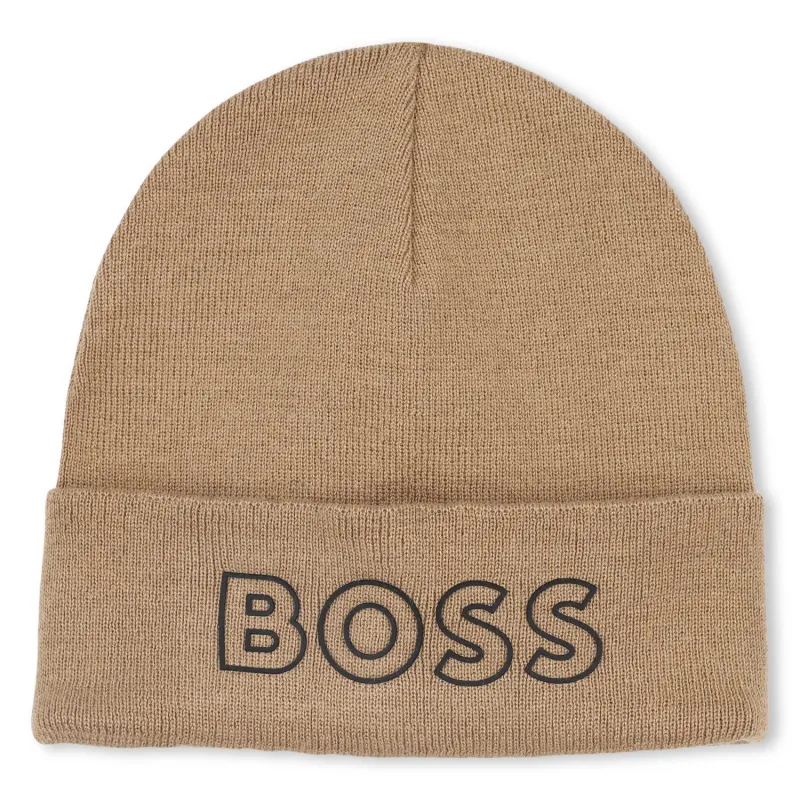 BROWN KNIT TOQUE HAT BOSS LOGO BLK / J52617-269